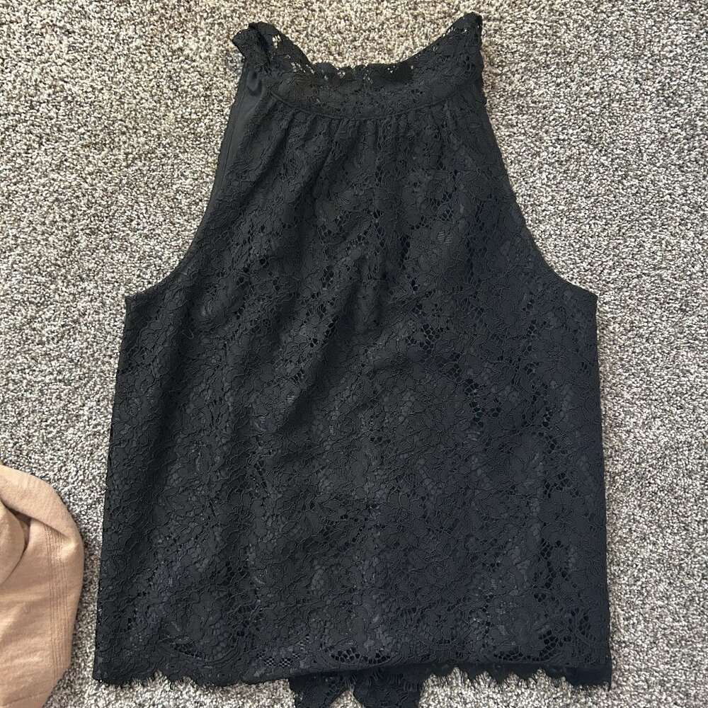 J.Crew black lace high neck top with tie, size S